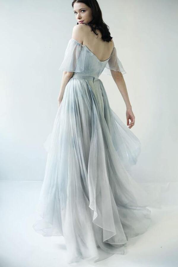 NumberSea Unique Grey Blue Chiffon Off Shoulder Wedding Dresses, Bridal Gown, MW592
