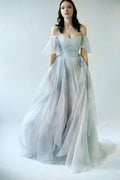 NumberSea Unique Grey Blue Chiffon Off Shoulder Wedding Dresses, Bridal Gown, MW592