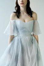 NumberSea Unique Grey Blue Chiffon Off Shoulder Wedding Dresses, Bridal Gown, MW592