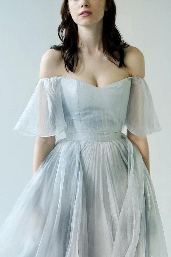 NumberSea Unique Grey Blue Chiffon Off Shoulder Wedding Dresses, Bridal Gown, MW592