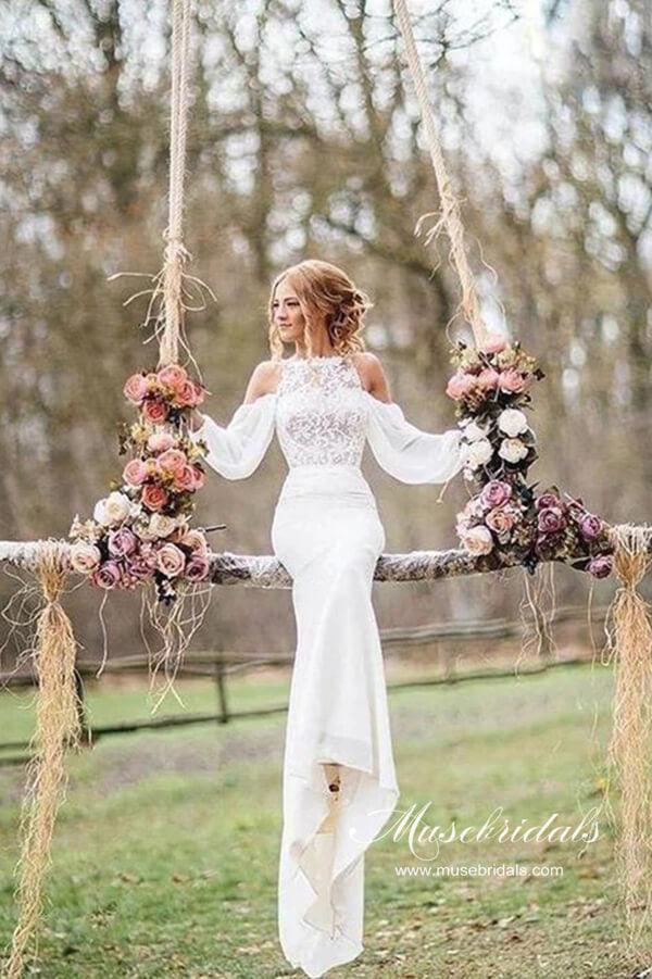 NumberSea Unique Mermaid Lace Top Long Sleeves Wedding Dresses, Bridal Dress,