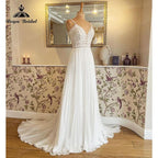 V Neck Wedding Dress Lace Bodice Spaghetti Straps Boho Runched Chiffon Robe Civil Bridal A Line Beach Summer Wedding Gowns