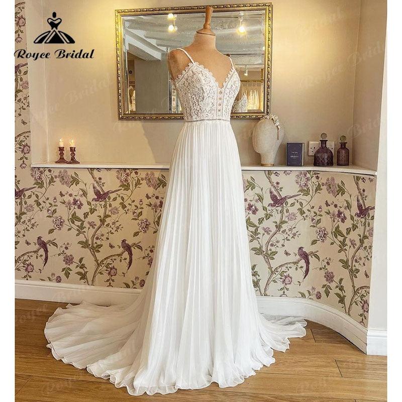 V Neck Wedding Dress Lace Bodice Spaghetti Straps Boho Runched Chiffon Robe Civil Bridal A Line Beach Summer Wedding Gowns
