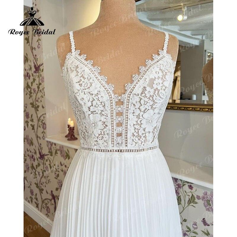 V Neck Wedding Dress Lace Bodice Spaghetti Straps Boho Runched Chiffon Robe Civil Bridal A Line Beach Summer Wedding Gowns