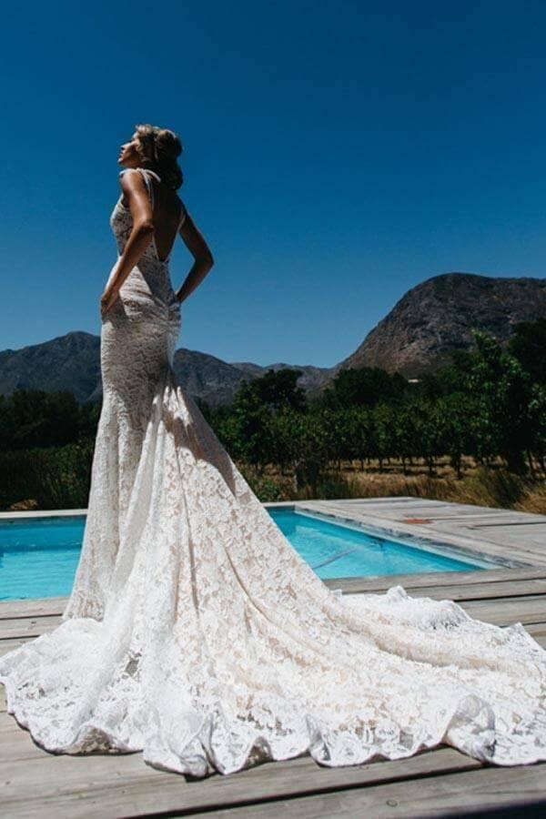 NumberSea V-neck Sleeveless Mermaid Backless Lace Pocket Wedding Dress With Court Train,MW398