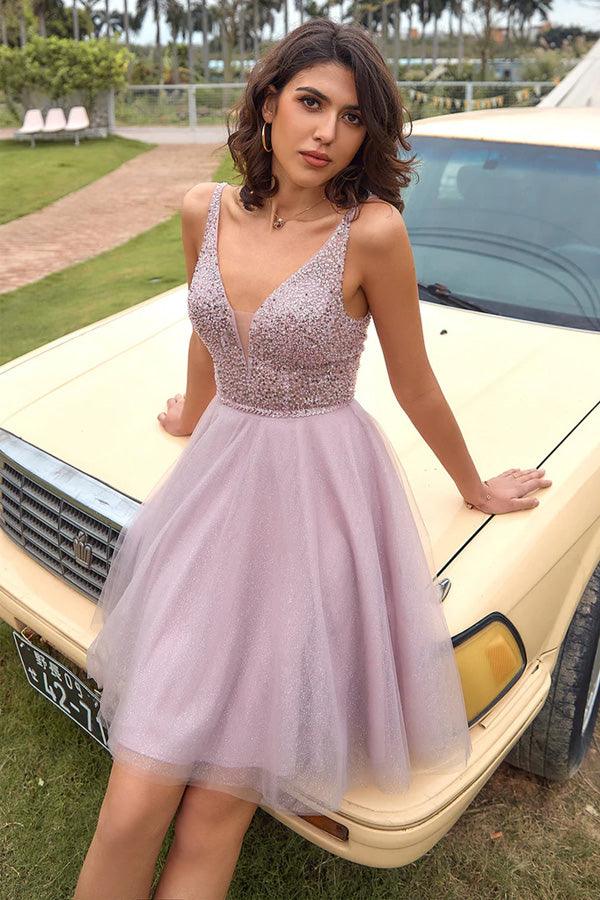 V Neck Open Back Blush Sequin Short Prom Homcoming Dress