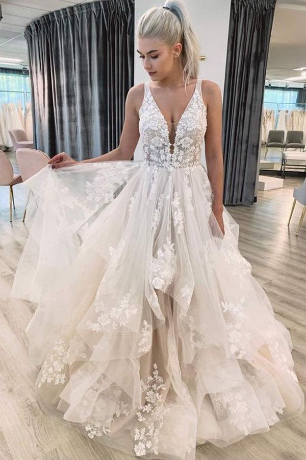 V Neckline Tired Tulle A-line Lace Wedding Dress Floor Length