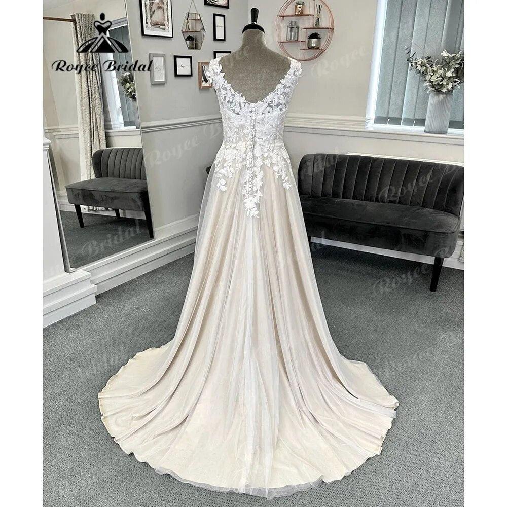 Vestido Novia Robe Civil Lace Beach Champagne Wedding Dress with V Neck Women Bridal Gown Robe de mariee Summer NumberSea