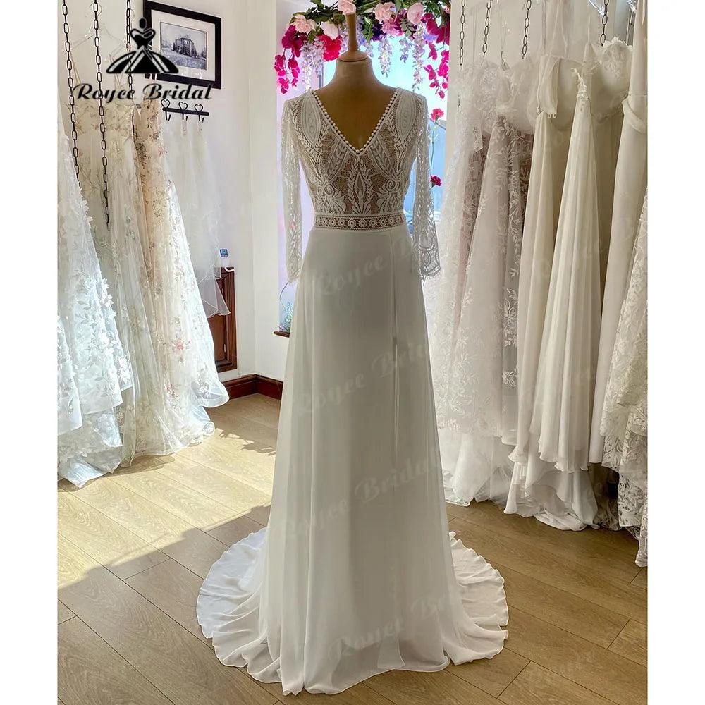 Vestido Novia V Neck Lace Bodice Boho Bohemian Beach Split Side Wedding Gown for Bride Wedding Dress for Women NumberSea