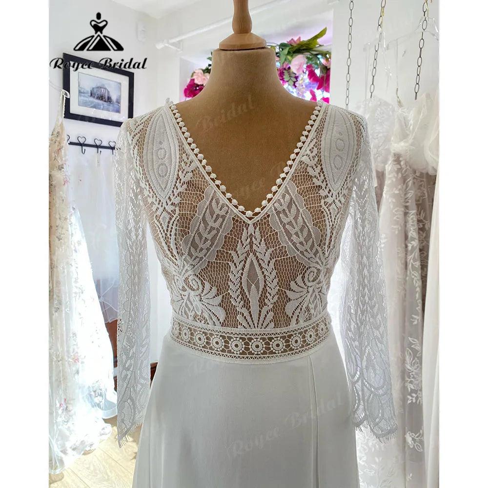 Vestido Novia V Neck Lace Bodice Boho Bohemian Beach Split Side Wedding Gown for Bride Wedding Dress for Women NumberSea