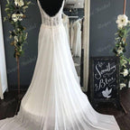 Vestido Novia Women Boho Wedding Dress with V Neck Lace Bodice Chiffon Backless Bridal Gown Beach Wedding Gowns Spaghetti Straps