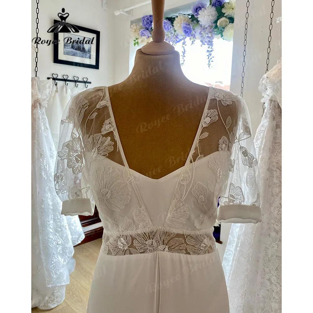 Vestidos Boheme Lace Boho Beach V Neck Chiffon Wedding Dress with Puff Short Sleeve Summer Bridal Gown robes de mariée Sexy