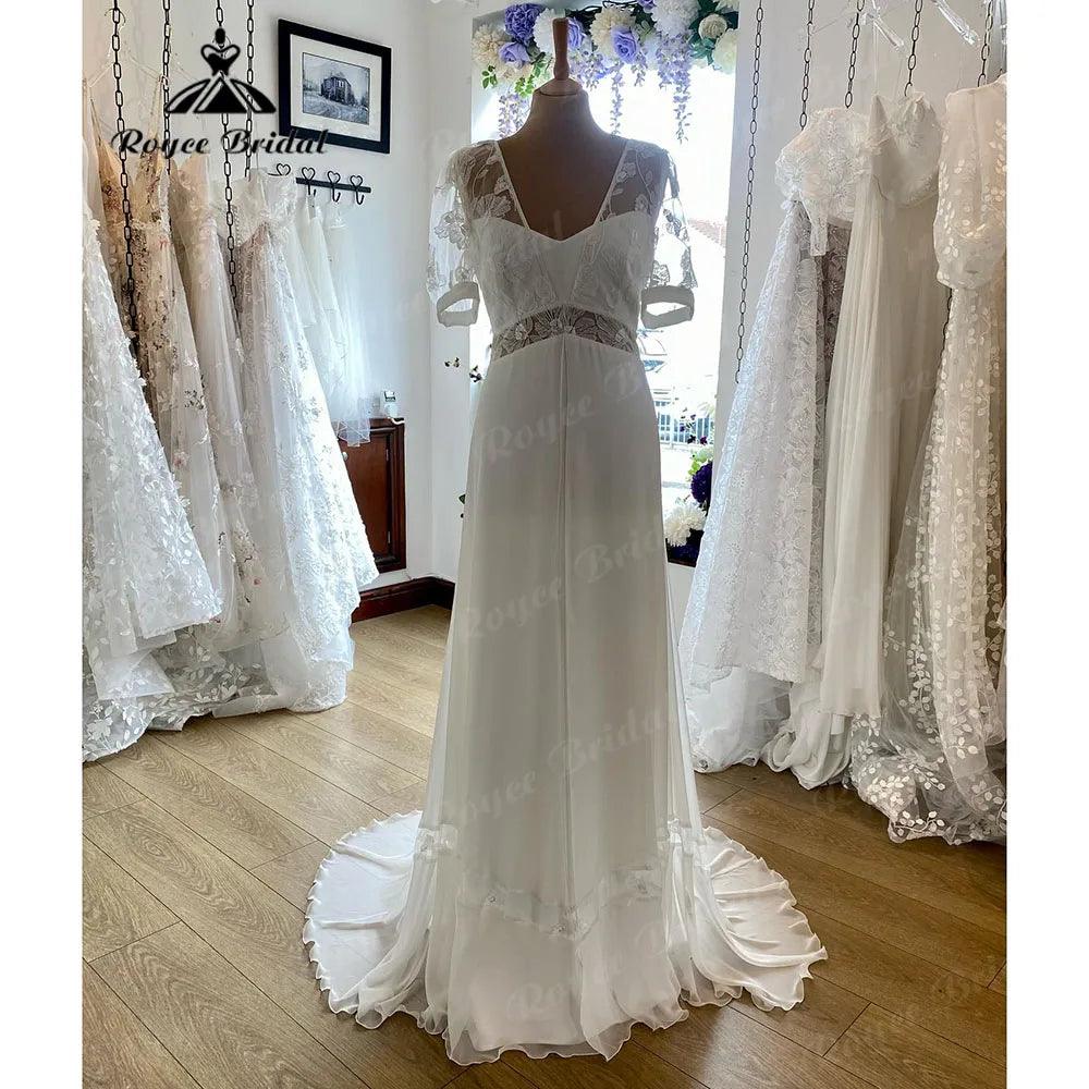 Vestidos Boheme Lace Boho Beach V Neck Chiffon Wedding Dress with Puff Short Sleeve Summer Bridal Gown robes de mariée Sexy