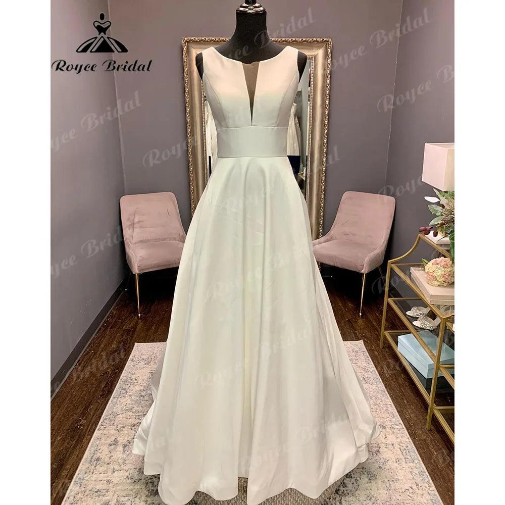 Vestito da Sposa Vintage Backless Robe Crepe Satin Wedding Dress Sleeveless Women Bridal Gowns Hochzeitskleid Custom Made