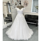 Vinatge Off Shoulder Lace A Line Wedding Dress for Women  V Neck Short Cap Sleeve Bridal Gown Sweep Train Vestido Novia Sexy