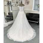 Vinatge Off Shoulder Lace A Line Wedding Dress for Women  V Neck Short Cap Sleeve Bridal Gown Sweep Train Vestido Novia Sexy