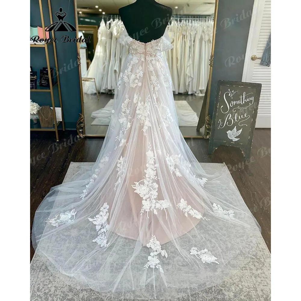 Vinatge Off Shoulder Lace Floral Blush Pink Backless Wedding Dress for Bride Wedding Gown Custom Made Women hochzeitskleid