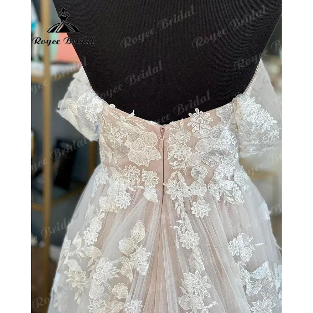 Vinatge Off Shoulder Lace Floral Blush Pink Backless Wedding Dress for Bride Wedding Gown Custom Made Women hochzeitskleid