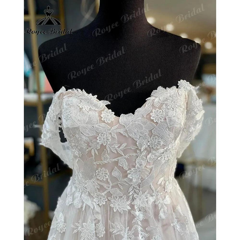 Vinatge Off Shoulder Lace Floral Blush Pink Backless Wedding Dress for Bride Wedding Gown Custom Made Women hochzeitskleid