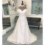 Vinatge Off Shoulder Wedding Dress with Cap Sleeve Lace Applique Bridal Gown for Women Sweep Train suknia slubna Roycebrida