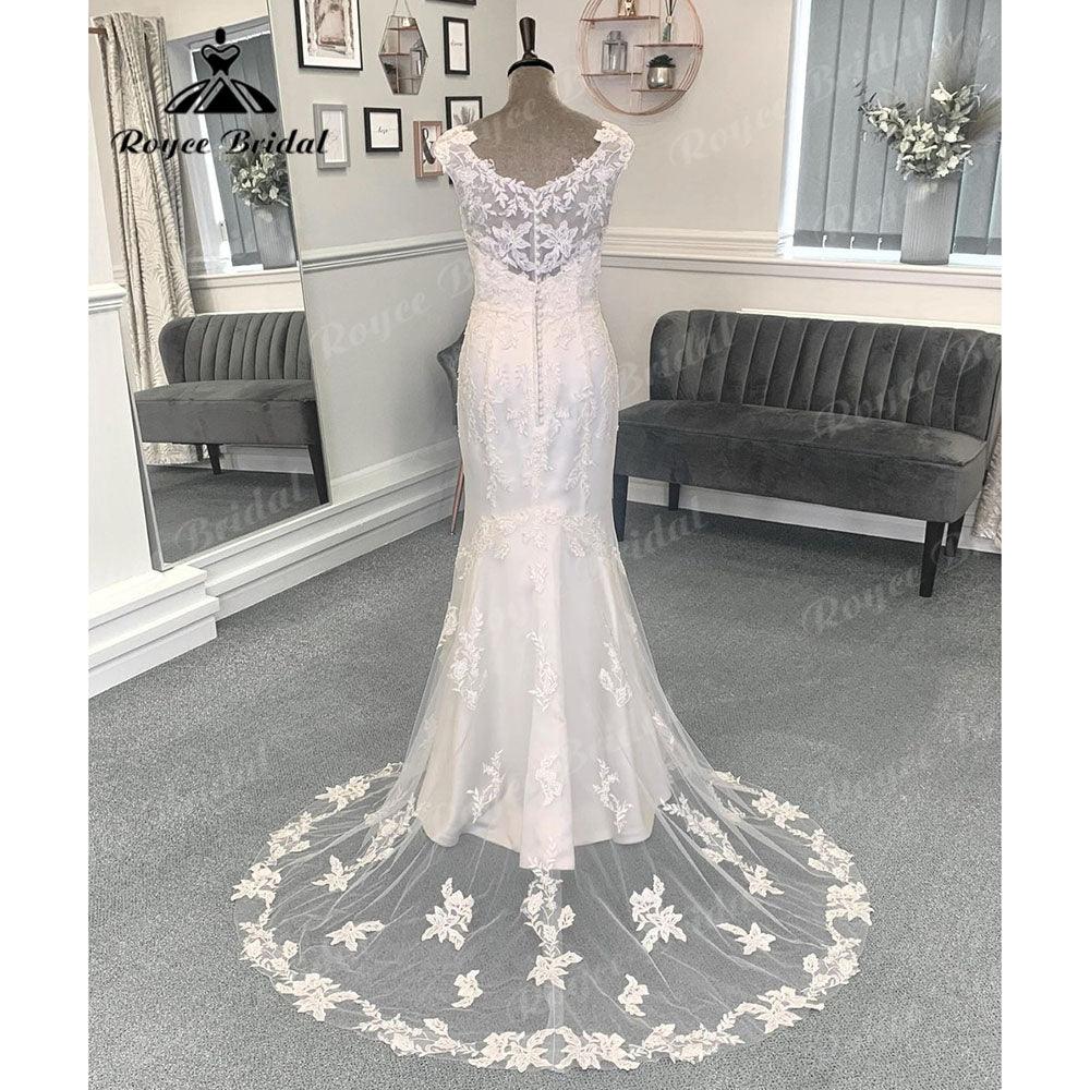 Vinatge Scoop Neckline Cap Sleeve Wedding Gown for Women  Bridal Wedding Dress Sweep Train vestido branco sereia NumberSea