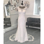 Vinatge Scoop Neckline Cap Sleeve Wedding Gown for Women  Bridal Wedding Dress Sweep Train vestido branco sereia NumberSea