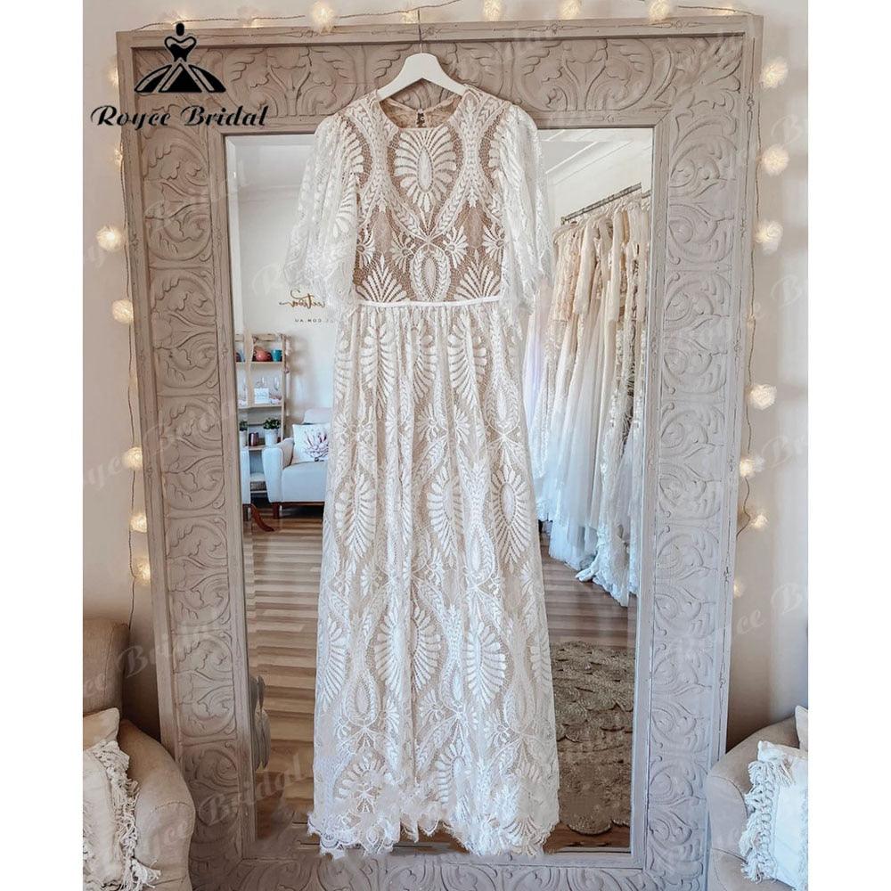 Vintage Bohemian Lace Boho Beach Open Back Women Wedding Dress with Sleeve 2025 Robe Mariee Bridal Gown Custom Made Floor Length