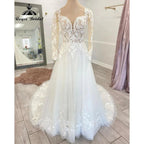 Vintage Boho Lace Long Sleeve Open Back Wedding Gown for Women Appliques Wedding Dress with V Neck Bridal Gown Custom Made