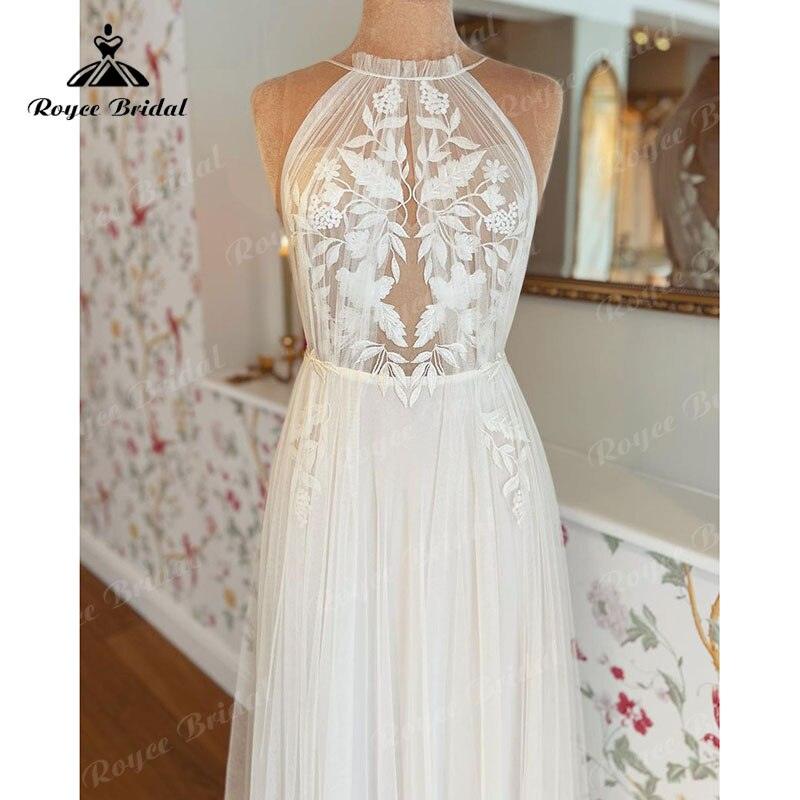 Vintage Lace Appliques Floor Length Tulle Halter Neck Wedding Dress A Line Beach  Wedding Gowns Custom Made robe de mariage