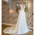 Vintage Sleeveless Beach Wedding Dress Deep V Neck Lace Floral Chiffon Backless Boho Bridal Gowns Vestido De Noiva Custom Made
