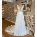 Vintage Sleeveless Beach Wedding Dress Deep V Neck Lace Floral Chiffon Backless Boho Bridal Gowns Vestido De Noiva Custom Made