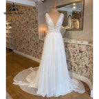 Vintage Sleeveless Beach Wedding Dress Deep V Neck Lace Floral Chiffon Backless Boho Bridal Gowns Vestido De Noiva Custom Made