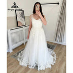 Vintage Spaghetti Straps Lace Appliques Wedding Dress with V Neck Backless Bridal Gown Women robe de soirée de mariage Sexy