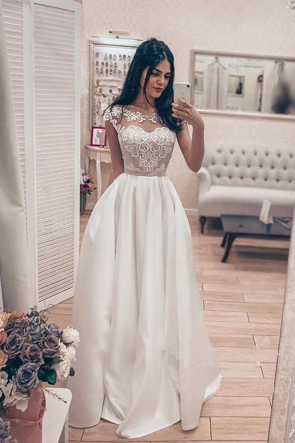 NumberSea Vintage A-line Satin Lace Bodice Bateau Neck Corset Back Wedding Dresses,