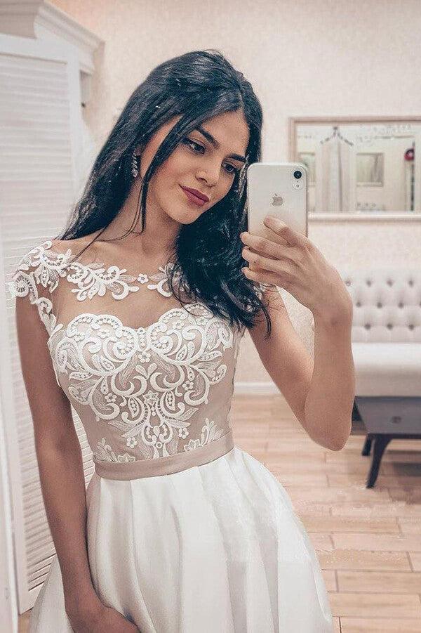 NumberSea Vintage A-line Satin Lace Bodice Bateau Neck Corset Back Wedding Dresses,