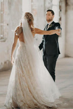 NumberSea Vintage Beaded A-line V-neck Spaghetti Straps Lace Wedding Dresses