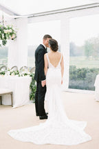 NumberSea Vintage Ivory Lace Mermaid V Neck Wedding Dress, Bridal Dresses, MW533