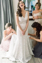 NumberSea Vintage Ivory Lace Mermaid V Neck Wedding Dress, Bridal Dresses, MW533