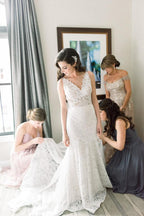 NumberSea Vintage Ivory Lace Mermaid V Neck Wedding Dress, Bridal Dresses, MW533