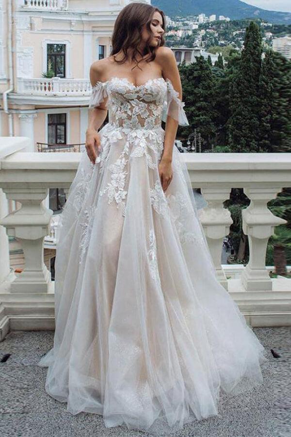 NumberSea Vintage Lace A-line Sweetheart Off-the-Shoulder Beach Wedding Dresses