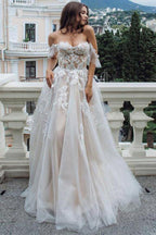 NumberSea Vintage Lace A-line Sweetheart Off-the-Shoulder Beach Wedding Dresses