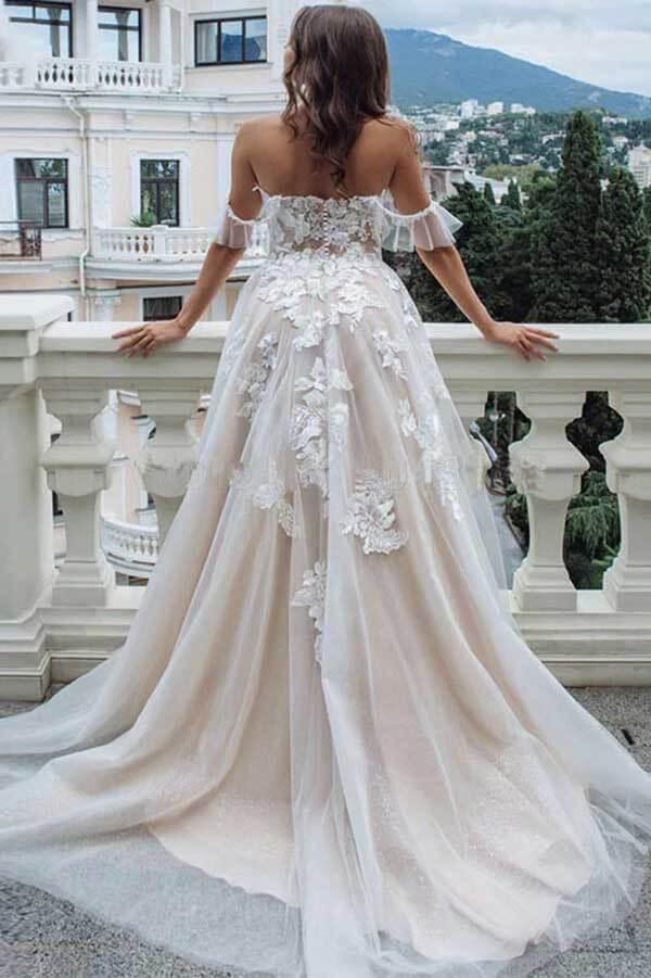 NumberSea Vintage Lace A-line Sweetheart Off-the-Shoulder Beach Wedding Dresses