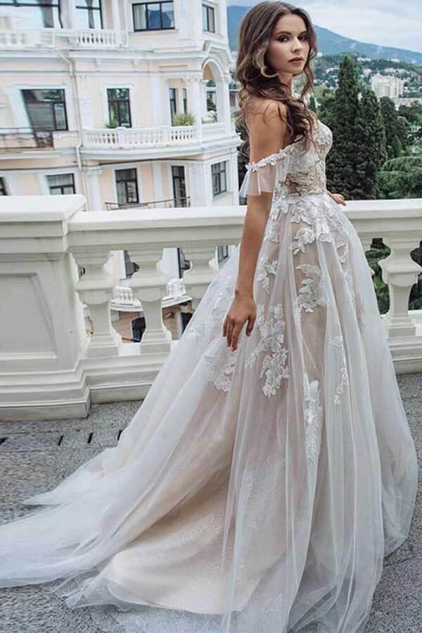 NumberSea Vintage Lace A-line Sweetheart Off-the-Shoulder Beach Wedding Dresses