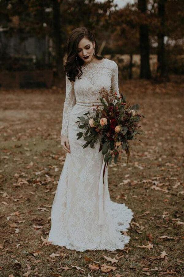 NumberSea Vintage Long Sleeves Lace Mermaid Backless Wedding Dress, Bridal Gown, MW562