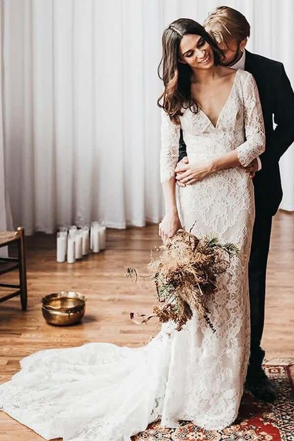 NumberSea Vintage Mermaid Lace V-neck Boho Wedding Dresses With Chapel Train, MW686
