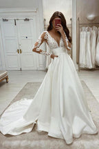 NumberSea Vintage Satin Lace Ball Gown Deep V Neck Wedding Dresses, Bridal Gown, MW593