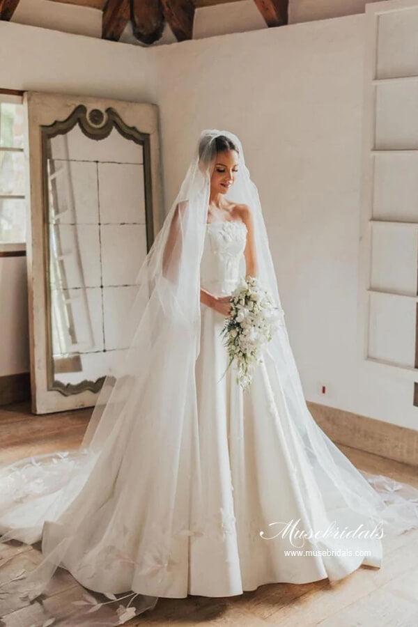 NumberSea Vintage Satin Strapless Ball Gown Wedding Dresses With Floral Lace, MW991