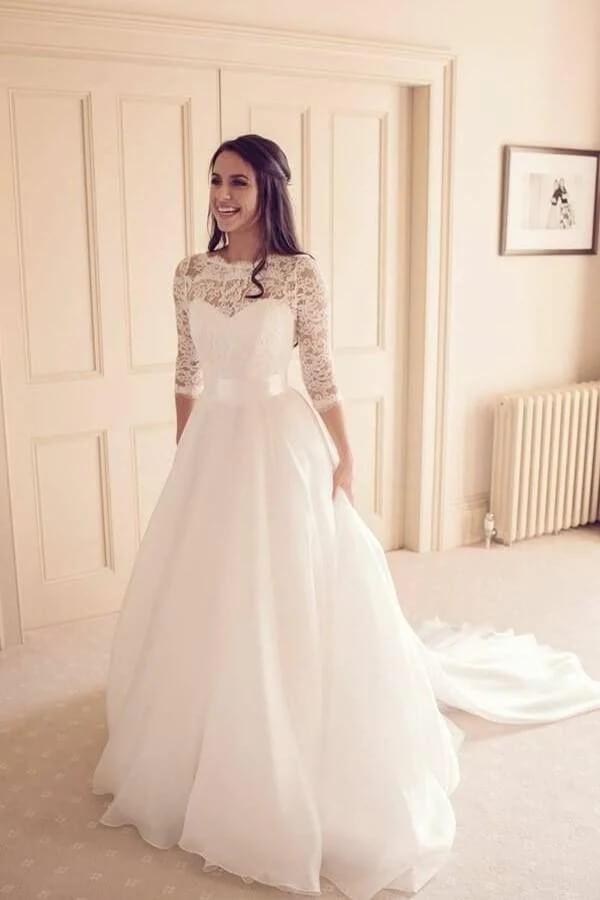NumberSea Vintage Tulle Lace A-line 3/4 Sleeves Bridal Gowns, Wedding Dresses