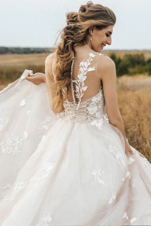 Vintage Lace Scoop Neckline A Line Tulle Wedding Bridal Dress