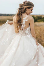 Vintage Lace Scoop Neckline A Line Tulle Wedding Bridal Dress